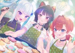 3girls ange_katrina ange_katrina_(5th_costume) animal_ears apron baking baking_sheet bare_shoulders black_choker black_sweater blue_hair blunt_bangs blush brown_hair choker collarbone cookie crossed_bangs dog_ears dutch_angle flower food foreshortening green_apron hair_between_eyes hair_flower hair_intakes hair_ornament hand_up hashtag-only_commentary heterochromia holding holding_whisk icing indoors inui_toko inui_toko_(2nd_costume) jewelry kutori_pan&#039;ya lace lace_choker lens_flare light_bulb lize_helesta lize_helesta_(5th_costume) long_hair looking_at_object low_ponytail matching_accessory medium_hair multicolored_hair multiple_girls necklace nijisanji off-shoulder_shirt off_shoulder open_mouth pendant_choker polka_dot polka_dot_apron ponytail purple_eyes red_eyes red_hair ribbed_sweater sanbaka_(nijisanji) shirt short_sleeves sidelocks streaked_hair sweater turtleneck turtleneck_sweater virtual_youtuber whisk white_hair white_shirt yellow_eyes