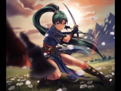 1girl axe battle black_gloves blue_dress dress fingerless_gloves fire_emblem fire_emblem:_the_blazing_blade flower gloves green_eyes green_hair high_ponytail highres holding holding_sword holding_weapon joao_(moitaartwork) long_hair lyn_(fire_emblem) mountainous_horizon nintendo out_of_frame outdoors ponytail side_slit sun sword weapon
