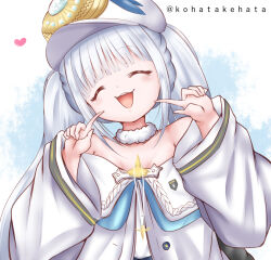 Rule 34 | 1girl, :d, artist name, azur lane, bare shoulders, closed eyes, dmitri donskoi (azur lane), fluffy collar, hat, heart, highres, kohatakehata, open mouth, parka, peaked cap, pointing, pointing at self, smile, solo, twintails, upper body, white hair, white hat
