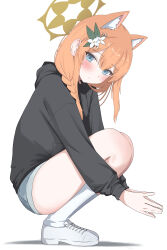 1girl absurdres alternate_costume animal_ear_fluff animal_ears black_hoodie blue_archive blue_eyes blush braid cat_ears cat_girl d_(delt4) denim denim_shorts extra_ears flower hair_between_eyes hair_flower hair_ornament highres hood hoodie kneehighs long_hair looking_at_viewer mari_(blue_archive) orange_hair own_hands_together shoes short_shorts shorts single_braid socks solo squatting white_flower white_shoes white_socks