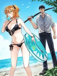 1boy 1girl bikini black_bikini black_pants breasts cibamatoxins cleavage commentary_request dress_shirt fate/grand_order fate_(series) food food_in_mouth front-tie_bikini_top front-tie_top frown fujimaru_ritsuka_(female) hair_ornament hair_scrunchie highres holding holding_food holding_popsicle holding_sword holding_weapon katana large_breasts navel ocean one_side_up orange_eyes orange_hair pants popsicle popsicle_in_mouth saitou_hajime_(fate) scrunchie sheath sheathed shirt side-tie_bikini_bottom signature simple_bird sleeves_rolled_up swimsuit sword weapon white_shirt wristband