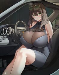 1girl bare_arms black_hair blush breasts car cleavage closed_mouth collarbone commentary commission covered_erect_nipples crossed_bangs dress english_commentary eyewear_on_head green_eyes grey_dress hair_between_eyes highres huge_breasts keenh long_hair looking_at_viewer motor_vehicle original sidelocks sitting sleeveless sleeveless_dress smile solo steering_wheel sunglasses