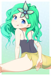 Rule 34 | 1girl, :q, ass, blue eyes, blue leotard, commission, commissioner upload, covering ass, covering privates, earrings, final fantasy, final fantasy iv, flexible, from behind, fugetsu taku, green hair, hair ornament, highres, jewelry, kneepits, legs, leotard, long hair, looking back, rydia (ff4), rydia (young) (ff4), sarong, sitting, sitting split, skeb commission, smile, solo, split, spread legs, star (symbol), star earrings, stretching, taut clothes, thighs, tongue, tongue out, yellow sarong