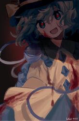Rule 34 | 1girl, :d, black hat, blood, blood on clothes, blood on face, blouse, blush, bow, buttons, chinese commentary, commentary request, cowboy shot, dark, diamond button, frilled shirt collar, frills, green eyes, green hair, green skirt, hair between eyes, hat, hat bow, highres, komeiji koishi, looking at viewer, medium hair, notice lines, open mouth, penniky0119, procreate (medium), red pupils, shirt, skirt, smile, solo, third eye, touhou, watermark, yellow bow, yellow shirt