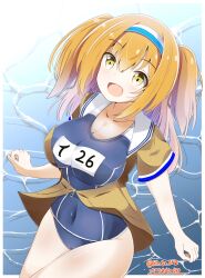 Rule 34 | 1girl, blue one-piece swimsuit, blush, border, breasts, brown eyes, brown hair, clothes writing, cowboy shot, dated, hairband, highres, i-26 (kancolle), kantai collection, large breasts, light brown hair, long hair, looking at viewer, name tag, new school swimsuit, ocean, one-piece swimsuit, open clothes, open mouth, ringo002, sailor collar, school swimsuit, short sleeves, smile, solo, swimsuit, swimsuit under clothes, two-tone hairband, two side up, water, white border