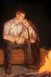 2boys black-framed_eyewear black_jacket black_pants blood blood_on_clothes breast_pocket brown_footwear brown_hair campfire closed_eyes collared_shirt commentary commission couple david_king_(dead_by_daylight) dead_by_daylight dress_shirt dried_blood dwight_fairfield embers english_commentary fire glasses grey_pants head_on_another&#039;s_shoulder highres jacket locked_arms male_focus mohawk multiple_boys night night_sky own_hands_clasped own_hands_together pants parted_lips pocket redlandart shirt short_hair short_sleeves sitting sky sleeping sleeves_rolled_up watch white_shirt wing_collar wristwatch yaoi