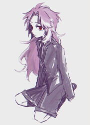 1boy black_jacket black_necktie black_shorts closed_mouth colored_skin commentary_request curtained_hair expressionless full_body grey_background hatsutori_hajime highres jacket kneeling long_hair long_sleeves male_focus necktie parted_bangs pink_hair poka_(user_kypt4454) red_eyes saibou_shinkyoku shirt shorts simple_background sleeves_past_wrists solo white_shirt white_skin