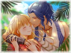 1boy 1girl arm_around_neck arm_guards azu_rin_go black_armlet blonde_hair blue_hair blue_sky blurry blurry_background blurry_foreground blush bokujou_monogatari bokujou_monogatari:_mittsu_no_sato_no_taisetsuna_tomodachi border braid brown_overalls closed_eyes closed_mouth cloud collared_shirt cornrows couple curly_sidelocks curtained_hair dark-skinned_male dark_skin day face-to-face fern floating_hair hair_bun half-closed_eyes half_updo hand_on_another&#039;s_arm hand_on_another&#039;s_hand hetero highres jewelry light_particles looking_at_another ludus_(bokujou_monogatari) muscular muscular_male nanami_(bokujou_monogatari) necklace orange_eyes outdoors overalls parted_lips pink_lips plaid_clothes plaid_shirt red_shirt shirt short_sleeves side_braid sidelocks single_hair_bun sky sleeveless_tunic smile tunic wavy_hair white_border white_tunic