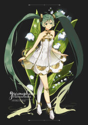 Rule 34 | 1girl, absurdres, asymmetrical legwear, ballerina, ballet slippers, bare shoulders, breasts, character name, closed mouth, dress, gramophone miku, green eyes, green hair, hair between eyes, hair ornament, hatsune miku, highres, long hair, miae, miku symphony (vocaloid), number tattoo, official alternate costume, official alternate hairstyle, short dress, single thighhigh, small breasts, smile, solo, strapless, strapless dress, tattoo, thighhighs, tutu, twintails, very long hair, vocaloid, white thighhighs