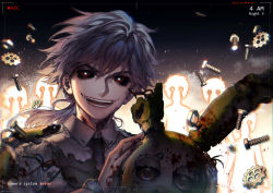 1boy animification black_necktie black_sclera blood blood_on_hands camera child collar collared_shirt colored_sclera crying english_text five_nights_at_freddy&#039;s gears ghost kawacy long_hair looking_at_viewer low_ponytail male_focus necktie nut_(hardware) open_mouth ponytail purple_man recording red_eyes robot screw shirt smile solo springtrap teeth tools video_camera watch white_hair white_shirt wire wristwatch
