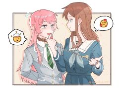 2girls arms_behind_back bang_dream! bang_dream!_it&#039;s_mygo!!!!! blue_eyes blue_shirt blue_skirt blush border brown_collar brown_hair chihaya_anon closed_mouth collar commentary diagonal-striped_clothes diagonal-striped_necktie green_necktie grey_eyes grey_jacket grey_neckerchief haneoka_school_uniform highres holding holding_leash jacket leash long_hair long_sleeves multiple_girls nagasaki_soyo neckerchief necktie pink_hair school_uniform shade shirt sidelocks skirt spoken_emoji striped_clothes symbol-only_commentary tsukinomori_school_uniform underlion2567 white_border yuri