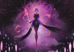 1other absurdres blue_hair breasts candle chinese_commentary commentary_request curvy dogma_zzzz energy full_body gluteal_fold highres holding holding_staff humanoid_robot large_breasts looking_at_viewer magic narrow_waist navel robot slay_the_spire staff the_defect the_watcher_(slay_the_spire) wide_hips