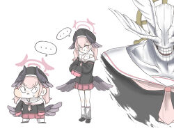 1boy 2girls absurdres alternate_costume blue_archive chibi chibi_only dcinside_(website) dotomari halo highres jujutsu_kaisen koharu_(blue_archive) looking_to_the_side multiple_girls pink_halo school_uniform serafuku simple_background white_background
