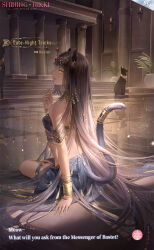 1girl absurdly_long_hair ancient_egyptian_clothes animal_ear_piercing animal_ears artist_request bangle bare_shoulders black_shirt black_skirt bracelet brown_hair cat_ears cat_girl cat_tail character_name circlet copyright_name crop_top dark-skinned_female dark_skin earrings english_text full_body gold_armlet gold_bracelet gold_earrings gold_necklace hand_on_ground hand_up hester_(shining_nikki) highres hoop_earrings indoors jewelry late-night_tricks_(shining_nikki) light_particles lipstick logo long_hair long_skirt looking_at_viewer looking_back makeup midriff multiple_bracelets multiple_rings necklace nikki_(series) official_art parted_lips pillar plant potted_plant red_lips reflective_floor ring second-party_source shining_nikki shirt skirt skirt_set smile solo statue straight_hair tail tail_ornament tail_ring teeth thigh_strap tile_floor tiles usekh_collar vase very_long_hair