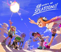3boys 3girls blonde_hair blue_eyes blue_hair dark_skin earrings green_eyes green_hair hat highres inkling inkling_boy inkling_girl inkling_player_character jewelry long_hair maxcort_artist multiple_boys multiple_girls nintendo octoling octoling_boy octoling_girl octoling_player_character open_mouth orange_hair outdoors pointy_ears red_eyes shirt short_hair shorts smile splatoon_(series) sun sunlight tentacle_hair tooth_earrings v yellow_eyes