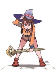 1girl boots brown_hair commentary full_body hat holding holding_staff jacket kagari_atsuko leaning_forward little_witch_academia long_hair looking_at_viewer luna_nova_school_uniform orange_jacket purple_hat red_boots red_eyes school_uniform shiny_rod_(little_witch_academia) signature solo staff standing white_background witch_hat xomerart
