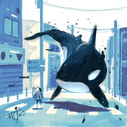 1other absurdres animal_focus artist_name blue_jacket building city commentary crosswalk fish flying_fish flying_whale hands_in_pockets helmet highres jacket kazunoko_(kazunoko_zunoco) looking_at_animal orca original outdoors power_lines radio_antenna road signature sky space_helmet utility_pole whale white_sky