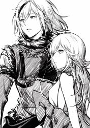 1boy 1girl absurdres bare_arms bow breasts brother_and_sister chain chinese_commentary closed_mouth commentary detached_sleeves dress eyes_visible_through_hair fur-trimmed_sleeves fur-trimmed_vest fur_trim greyscale hair_between_eyes hairband highres ikooto111 long_hair looking_to_the_side medium_hair monochrome nier nier_(series) nier_(brother) siblings sideless_dress small_breasts upper_body vest waist_bow yonah