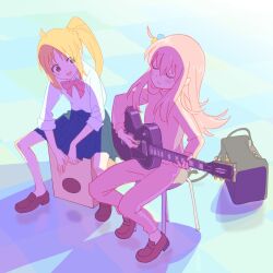 Rule 34 | 2girls, 55bata6rou, ahoge, blonde hair, blue background, blue skirt, bocchi the rock!, bow, closed eyes, collared shirt, cube hair ornament, electric guitar, full body, gotoh hitori, guitar, hair between eyes, hair ornament, highres, holding, holding guitar, holding instrument, ijichi nijika, instrument, jacket, loafers, long hair, long sleeves, looking at another, multiple girls, music, on stool, one side up, open mouth, pants, pink hair, pink jacket, pink pants, playing guitar, playing instrument, pleated skirt, ponytail, red bow, school uniform, shimokitazawa high school uniform, shirt, shoes, side ponytail, sitting, skirt, smile, stool, track jacket, white shirt