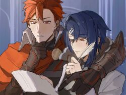 Rule 34 | 2boys, alcryst (fire emblem), armor, black gloves, blue hair, brothers, cape, closed mouth, diamant (fire emblem), fire emblem, fire emblem engage, gloves, hair ornament, hairclip, high collar, highres, holding, long sleeves, male focus, multiple boys, nintendo, paper, quill, red eyes, red hair, shirt, short hair, siblings, white shirt, wogesb