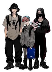 0020xl 1girl 2boys animal animal_on_shoulder atticus_(pokemon) backpack bag beanie black_boots black_eyes black_hair blue_bag blue_eyes blue_hair boots bow bright_pupils collared_shirt full_body gen_6_pokemon giacomo_(pokemon) glasses hat headphones highres holding hood hood_up jacket long_sleeves mask mouth_mask multicolored_hair multiple_boys nintendo open_mouth pants penny_(pokemon) pointy_hair pokemon pokemon_(creature) pokemon_sv print_shirt red_hair round_eyewear shirt short_hair simple_background smile sylveon tail team_star teeth two-tone_hair white_background white_hair