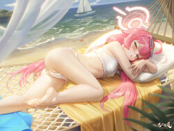 1girl ahoge ass banned_artist barefoot beach bikini blue-tinted_eyewear blue_archive blue_eyes breasts cameltoe chinese_commentary commentary_request eyewear_on_head female_focus frilled_bikini frills halo heterochromia highres hoshino_(blue_archive) hoshino_(swimsuit)_(blue_archive) long_hair looking_at_viewer low_twintails lying ocean official_alternate_costume open_mouth partial_commentary pink_hair pink_halo sarena small_breasts soles solo starfish swimsuit tinted_eyewear toes twintails white-framed_eyewear white_bikini yellow_eyes