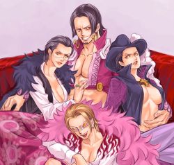 1boy 3girls abs annoyed beard black_hair blonde_hair boa_hancock breasts cleavage donquixote_doflamingo dracule_mihawk earrings facial_hair genderswap genderswap_(ftm) genderswap_(mtf) glasses grin harem highres jewelry large_breasts long_hair looking_at_viewer midriff multiple_girls muscular muscular_male navel one_piece pectorals pimp pirate_costume scar short_hair crocodile_(one_piece) smile sunglasses yellow_eyes