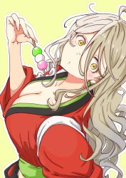 1girl :o arched_back blonde_hair breasts cleavage collarbone commentary curly_hair dango food highres holding holding_food holding_skewer japanese_clothes kimono large_breasts long_hair looking_at_viewer make_heroine_ga_oo_sugiru! mono9ron outline red_kimono sanpaku sanshoku_dango shikiya_yumeko simple_background skewer solo upper_body wagashi white_outline yellow_background yellow_eyes yukata