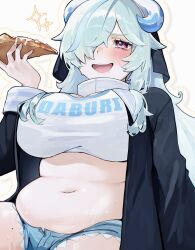 1girl black_robe blue_hair blue_shorts blush breasts coif crop_top doubliel drooling food green_hair habit hair_over_one_eye highres holding holding_food horns large_breasts lips long_hair mahjong_fight_girl mole mole_on_thigh nana_gooon navel nun one_eye_covered open_clothes open_mouth open_robe pink_eyes pizza pizza_slice plump robe saliva shirt short_shorts shorts sidelocks sitting smile solo sparkle sweat white_background white_shirt wimple