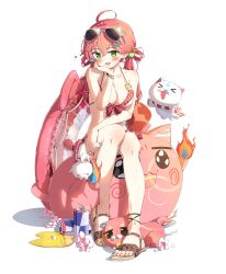 1girl 35p_(sakura_miko) absurdres ahoge ama_rei arm_rest bikini blush breasts cleavage collarbone diving drink earrings eyewear_on_head feet fish_hair_ornament flower frilled_bikini frills front-tie_bikini_top front-tie_top green_eyes green_nails hair_flower hair_ornament hair_rings hairclip halterneck hand_on_own_chin head_rest head_tilt heart highres holding holding_water_gun hololive jewelry kintoki_(sakura_miko) long_hair looking_at_viewer low_twintails maguchi_(sakura_miko) nail_polish name_tag official_alternate_costume open_mouth petals pink_bikini pink_hair pom_pom_(clothes) pom_pom_hair_ornament sakura_miko sakura_miko_(hololive_summer_2019) sandals shadow sitting soda solo star_(symbol) star_earrings string_bikini stuffed_toy sunglasses swim_ring swimsuit toenail_polish toenails tongue triangle_mouth twintails virtual_youtuber water_gun white_background