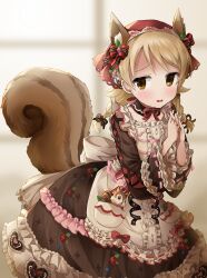 Rule 34 | 1girl, animal, animal ear fluff, animal ears, animal in clothes, blurry, blurry background, blush, bow, braid, brown eyes, brown ribbon, chocolate print, cowboy shot, dress, embarrassed, food print, frilled dress, frilled skirt, frilled sleeves, frills, fruit print, highres, idolmaster, idolmaster cinderella girls, interlocked fingers, looking at viewer, michii yuuki, morikubo nono, open mouth, own hands together, red bow, red ribbon, ribbon, skirt, solo, squirrel, squirrel ears, squirrel girl, squirrel tail, strawberry print, tail, twin braids