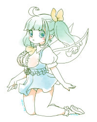 1girl :o ahoge ascot bare_arms blue_dress blunt_bangs blush bow breasts buttons collared_shirt daiyousei dress dress_shirt facing_away fairy fairy_wings female_focus full_body green_eyes green_hair hair_bow highres hot_limit kneeling large_breasts long_hair looking_at_viewer open_mouth panties pantyshot ribbon shirt short_dress simple_background solo touhou tsuutenkaaku twintails underwear white_background white_dress white_panties white_shirt wings yellow_ascot yellow_bow