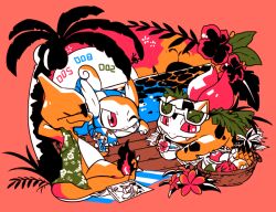 arms_behind_head banana charmeleon clothed_pokemon coconut creatures_(company) dragon_fruit drinking fangs flame-tipped_tail flower food fruit game_freak gen_1_pokemon gen_3_pokemon gen_4_pokemon hawaiian_shirt hibiscus ivysaur legendary_pokemon magazine_(object) manaphy mythical_pokemon nintendo no_humans one_eye_closed open_clothes open_shirt ota&#039;s palm_tree pikachu pineapple pokemon pokemon_(creature) shirt sitting sunglasses tree tropical_drink wailord wartortle