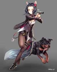 1girl absurdres aiming animal animal_ear_fluff animal_ears artist_name belt black_hair black_jacket black_neckerchief black_shoes blue_hair bra bra_visible_through_clothes breasts brown_collar brown_eyes brown_pantyhose bsapricot buckle cleavage collar collarbone commentary detached_collar dog dog_request dress_shirt english_commentary female_focus fighting_stance fingernails flower forehead frilled_bra frills full_body german_flag girls&#039;_frontline grey_background gun hair_flower hair_ornament handgun heckler_&amp;_koch highres holding holding_gun holding_weapon holster id_card jacket john_wick long_hair long_sleeves medium_breasts nail_polish neckerchief necktie open_clothes open_jacket original p30 pantyhose parted_lips pinstripe_pattern pinstripe_skirt pinstripe_vest pistol red_flower red_nails running see-through_clothes see-through_shirt sharp_teeth shirt shoes skirt snap-fit_buckle solo striped_clothes striped_skirt tail teeth thigh_holster thigh_strap tongue tongue_out twitter_username two-handed underwear vertical-striped_clothes vertical-striped_skirt vest watch weapon white_shirt wing_collar wristwatch