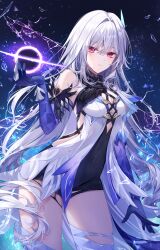 1girl absurdres bare_shoulders black_hole breasts cleavage floating_hair genshin_impact grey_hair hair_between_eyes hand_up highres long_hair parted_lips pink_eyes prosthesis prosthetic_arm prosthetic_leg skirk_(genshin_impact) solo standing taya_oco very_long_hair