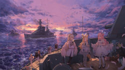 6+girls absurdres akizuki_kawakaze azusa_(blue_archive) azusa_(swimsuit)_(blue_archive) battleship blonde_hair blue_archive cloud cloudy_sky dress hifumi_(blue_archive) hifumi_(swimsuit)_(blue_archive) highres hinata_(blue_archive) justice_task_force_member_(blue_archive) mari_(blue_archive) mika_(blue_archive) military_vehicle multiple_girls nagisa_(blue_archive) ocean outdoors seia_(blue_archive) ship shiroko_(blue_archive) shiroko_(swimsuit)_(blue_archive) sky sunset warship watercraft