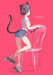 1girl absurdres animal_ears artist_name ass barefoot bell black_bow black_hair blue_shorts bow cat_ears cat_girl cat_tail chair commentary crop_top cropped_shirt denim denim_shorts earrings facing_away feet from_behind full_body goshichi_shoji hair_bow hair_ornament hairclip highres jewelry jingle_bell legs ookawa_ina original pink_background ponytail sandals shirt short_ponytail short_shorts short_sleeves shorts sidelighting simple_background single_earring soles solo symbol-only_commentary tail tail_raised white_shirt