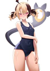 1girl absurdres ahoge alternate_costume asymmetrical_bangs averting_eyes black_tail blue_one-piece_swimsuit blush breasts brown_hair closed_mouth collarbone commentary covered_navel cowboy_shot dripping fingernails gigi_murin highres holding_own_arm hololive hololive_english huge_ahoge lips looking_at_viewer multicolored_hair one-piece_swimsuit pink_eyes school_swimsuit short_hair short_twintails shy simple_background small_breasts solevisionarts solo standing swimsuit twintails twitter_username two-tone_hair virtual_youtuber wet white_background