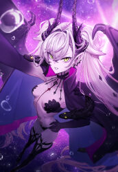 Rule 34 | 1girl, bat wings, black cloak, black hands, body markings, breasts, cleavage, cloak, colored extremities, colored skin, crossed bangs, demon girl, demon horns, demon wings, fate/grand order, fate (series), full body, green eyes, grey hair, grin, hair around horn, highres, horns, lilith (fate), lilith (second ascension) (fate), long hair, looking at viewer, navel, pubic tattoo, relayrl, smile, solo, stomach tattoo, tattoo, twintails, very long hair, water drop, white skin, wings, yellow eyes