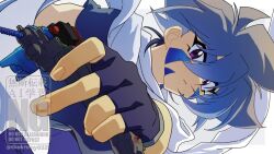 1boy bakuten_shoot_beyblade beyblade black_gloves black_hair blue_hair facial_mark fingerless_gloves from_side gloves grey_background hiwatari_kai holding looking_at_viewer male_focus multicolored_hair profile purple_eyes scarf short_hair solo tkoknmy0321 twitter_username two-tone_hair upper_body watermark white_scarf