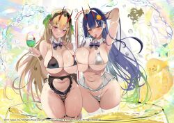 2girls animal arm_behind_head arm_up armpits azur_lane bare_shoulders bikini bird blue_hair blush bracelet breasts brown_eyes candy cherry cleavage clothing_cutout commentary_request cup detached_collar fingernails food fruit gloves hair_ornament heart_cutout highres horns ice_cream jewelry kumano_(azur_lane) large_breasts lemon lemon_slice lollipop long_hair looking_at_viewer manjuu_(azur_lane) momi multiple_girls nail_polish navel official_art purple_eyes river shiny_skin simple_background smile stomach suzuya_(azur_lane) swimsuit thighs tropical_drink