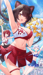 3girls ange_katrina animal_ears armpits arms_up asymmetrical_clothes blue_bra blue_hair blue_skirt blue_sky blunt_bangs bra breasts brown_hair cheerleader cleavage closed_eyes collarbone confetti day dog_ears dog_girl dog_tail fangs flat_chest floating_hair gradient_hair groin hair_intakes hair_ornament hairclip highres holding holding_pom_poms inui_toko kashiwagi_touko light_blue_hair light_blush lize_helesta long_hair looking_at_viewer low_twintails matching_outfits medium_breasts miniskirt multicolored_hair multiple_girls navel nijisanji no_socks one_eye_closed open_mouth outdoors palace pleated_skirt pom_pom_(cheerleading) pom_poms red_bra red_hair red_skirt sanbaka_(nijisanji) shoes short_hair skirt sky smile sneakers solo_focus sports_bra stomach tail thigh_strap tree twintails underwear virtual_youtuber white_hair white_shoes yellow_eyes