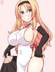 1girl artist_logo black_gloves black_hairband blonde_hair blue_eyes breasts china_dress chinese_clothes commentary_request covered_erect_nipples covered_navel cowboy_shot dated dress folding_fan gloves hairband hand_fan kanon_(kurogane_knights) kantai_collection large_breasts logo long_hair nelson_(kancolle) pink_background sideboob simple_background solo white_dress