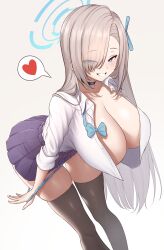 1girl absurdres arm_at_side asuna_(blue_archive) asuna_(school_uniform)_(blue_archive) black_choker black_skirt black_thighhighs blue_archive blue_bow blue_bowtie blue_eyes blue_halo blue_panties blue_ribbon blush bow bowtie breasts brown_background brown_hair bu_li choker cleavage collarbone collared_shirt commentary dutch_angle eyes_visible_through_hair feet_out_of_frame gradient_background grin hair_over_one_eye hair_ribbon halo heart highres huge_breasts leaning_forward long_hair looking_at_viewer miniskirt official_alternate_costume open_clothes open_shirt panties panty_pull parted_lips pleated_skirt pulling_own_clothes ribbon school_uniform shirt shirt_tucked_in skirt smile solo speech_bubble spoken_heart standing thigh_gap thighhighs unbuttoned underwear undone_bowtie very_long_hair white_background white_shirt