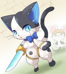 1girl 1other :o animal_ears blue_bow blue_eyes bow breasts cat_busters cat_ears cat_girl cat_tail chibikemo commentary_request furry furry_female hard_hat helmet holding holding_weapon humanoid_robot looking_at_viewer mouse_(cat_busters) mouse_ears mouse_tail robot robot_girl roido_(cat_busters) shortstack small_breasts solo_focus tail wataboshi weapon whiskers wide_hips