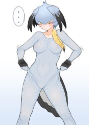 Rule 34 | ..., 1girl, :/, bird girl, bird tail, bird wings, black hair, blonde hair, bodystocking, bodystocking only, breasts, cameltoe, closed mouth, covered erect nipples, covered navel, feet out of frame, fingerless gloves, gloves, gradient background, grey bodystocking, grey hair, hair between eyes, hair over shoulder, head wings, highres, illu (illu stratos), kemono friends, large breasts, legs apart, long sleeves, looking down, multicolored hair, shoebill (kemono friends), side ponytail, solo, spoken ellipsis, standing, tail, wings, yellow eyes
