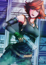 Rule 34 | 1girl, absurdres, belt, black gloves, black shirt, breasts, brown eyes, commentary request, elbow pads, fingerless gloves, flipped hair, gloves, gogo (pixiv47445), gun, handgun, highres, indoors, jewelry, lipstick, looking at viewer, makeup, meryl silverburgh, metal gear (series), metal gear solid, necklace, pants, partial commentary, red hair, shirt, short hair, small breasts, solo, standing, tank top, weapon