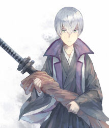 1boy aged_down frown green_eyes grey_kimono hair_between_eyes holding holding_sword holding_weapon ishida_mitsunari_(sengoku_basara) japanese_clothes jinbaori katana kimono male_focus sengoku_basara short_hair solo sword toruglose upper_body v-shaped_eyebrows weapon white_background white_hair