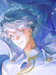 1boy blue_eyes cape eyelashes eyeliner high_collar highres lllanxi long_neck makeup male_focus nice_(to_be_hero_x) shirt short_hair smile solo superhero_costume teeth to_be_hero to_be_hero_x white_hair white_shirt