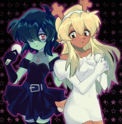 1girl 1other alien_stage black_background black_dress black_eyes black_thighhighs blonde_hair blue_hair blue_skin bow chest_bow clothing_cutout colored_skin commentary cosplay deer_girl deer_tail deltarune dress dress_bow furry furry_female gloves hair_over_one_eye hairband highres holding holding_microphone juliet_sleeves kris_(deltarune) long_hair long_sleeves microphone mizi_(alien_stage) mizi_(alien_stage)_(cosplay) noelle_holiday off-shoulder_dress off_shoulder puffy_sleeves purple_eyes short_hair shoulder_cutout smile star_(symbol) sua_(alien_stage) sua_(alien_stage)_(cosplay) tail thighhighs viscogone white_bow white_dress white_gloves white_hairband